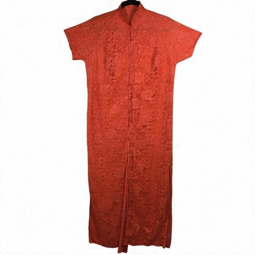 Vintage Vanity Fair‎ Coral Lace Nylon Cheongsam Robe Mandarin Collar Woman 34